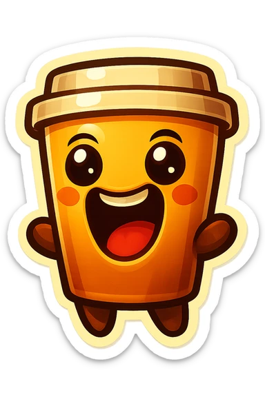 Tall coffee cup, wild, over the top, excited, big eyes, big mouth sticker