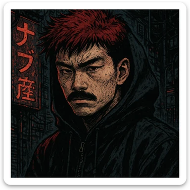 Asian man with black mustache, red hair, black hoodie, gritty cyberpunk manga style, inspired by 90s Japanese comics, moody lighting sticker