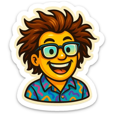 Create an emoji based on this person's appearance, focusing on the wild hair, glasses, and patterned shirt. Use a fun, expressive style suitable for emoji, in a retro stickers style. sticker