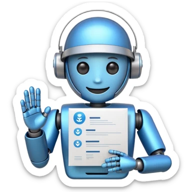 cute recruiter robot emoji, flat, smiling, holding a resume sticker