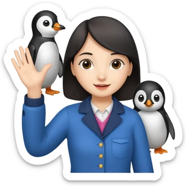 Girl waving hello while holding a penguin sticker