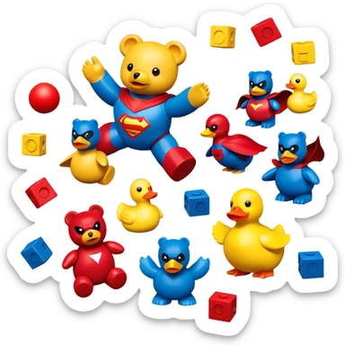 various colorful toys scattered together - teddy bear, rubber duck, toy blocks, ball, and action figures sticker
