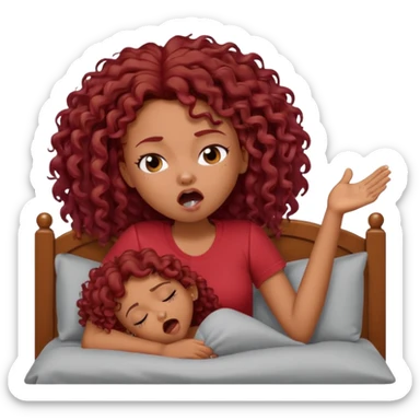generate a pretty bratz brown skinned girl curly dark red hair, yawning in bed in a grey tshirt bored. sticker