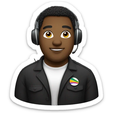 A black gay chubby guy, using a badge with his name who is Gustavo, he uses a telemarketing headphone and a black tshirt  sticker