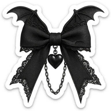 Edit the image to depict a black gothic bow with black lace trim, a heart charm, bat wings, and silver chains. The background should be removed. Maintain a gothic style with detailed lace, winged elements, and metallic silver chains for a dark, elegant look. sticker