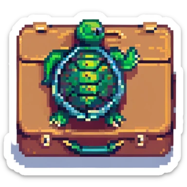 tortue qui part en voyage, style pixel art, avec valise, ambiance aventure sticker