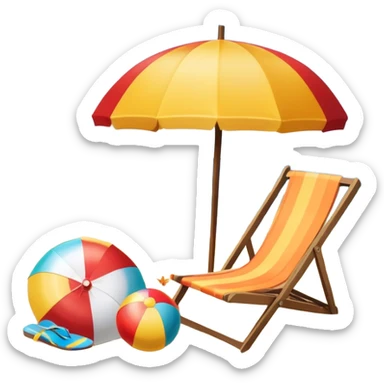 Icon for Beach Tourism: a sandy beach with a sun umbrella, beach ball, and flip-flops, with the ocean waves in the background. The icon should capture the relaxation and fun of a beach vacation. Transparent background sticker