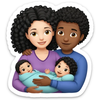 family: white woman curly black hair, black man with short black frizz hair, one 2 y o daughter mixed skin color , and a newborn in the and of the mother sticker
