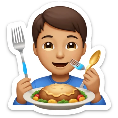 person emoji savoring a meal, eyes closed in delight, holding a fork sticker
