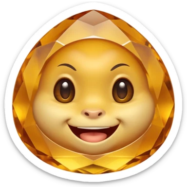 Single gemstone rock character, warm golden citrine, squat and heavy like a rock, with carved facets and tiny surface imperfections, cute round eyes and open smiling mouth, 3D game icon style, plain dark background, no other gems sticker