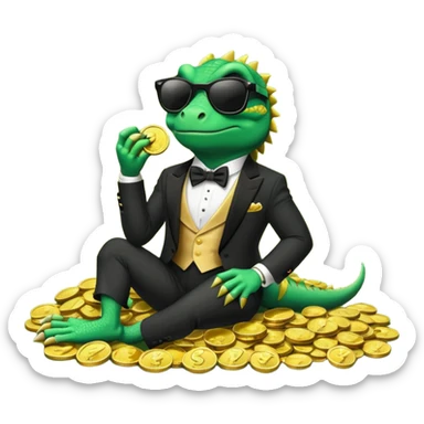 capitalist iguana banker in tuxedo and black sunglasses lying comfortly on coins sticker