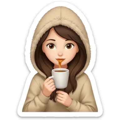 a brunette girl sitting cozily in a beige fur hoodie sipping coffee sticker