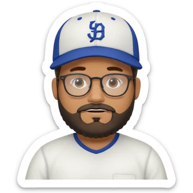 Create a figure that reflects an experienced social media manager but who has youthful and sporty clothing, a little chubby, a New Era cap, glasses, a beard and a slightly funny and friendly face. sticker