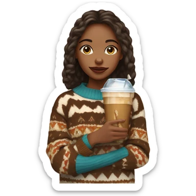 A girl in an oversized and patterned sweater with an iced coffee sticker