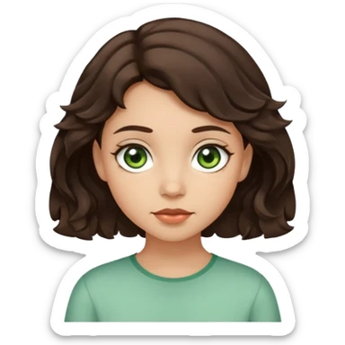 A girl with light skin, short dark brown wavy hair and brown with a little green eyes sticker