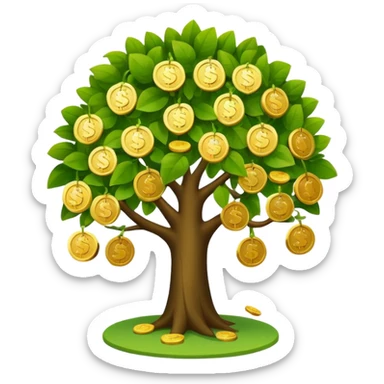 Apple-style money tree, round soft green canopy.
No pot, no ground — only the tree.
Small gold coins as fruits inside the leaves (not below).
Flat 2D vector, clean shapes, no gradients.
Dark near-black background, premium fintech icon. sticker