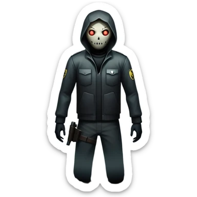 An icon featuring a dark, eerie atmosphere with a spooky environment, inspired by horror games like Resident Evil. The design includes ominous lighting, creepy shadows, and a silhouette of a character in distress. Transparent background enhances the chilling vibe of the scene. sticker