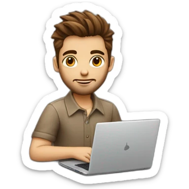 Wearing a shirt No glasses Cute programmer on his laptop looking front with a brown quiff as a hair and brown eyed with a bit of a beard sticker