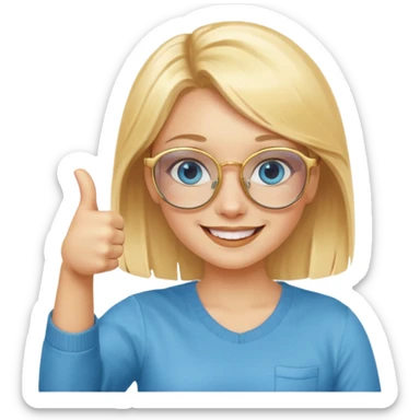 une fille blonde au yeux bleus avec des lunette dorée assez grande joyeuse avec un pouce lever sticker