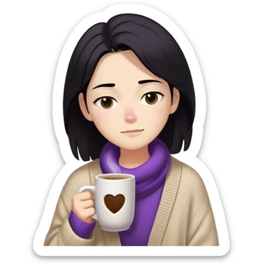 Gender: Non-binary Hair: Shoulder-length black hair with sleep-mussed texture Face: Half-closed eyes with purple under-eye bags Clothes: Oversized beige cardigan, mismatched socks Action: Clutching giant coffee mug labeled "第4杯" (4th cup) sticker