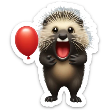 Small porcupine holding a big red balloon in his mouth sticker