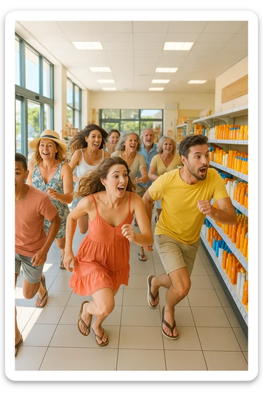 tante persone che corrono a comprare le creme solari in italiano realistiche sticker