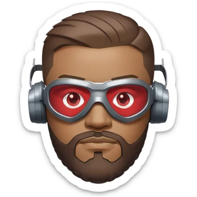 sam wilson with very short, neatly cropped and a well-groomed beard that connects to his mustache,  wear sleek, red-tinted tactical goggles fit snugly from captain america: civil war sticker