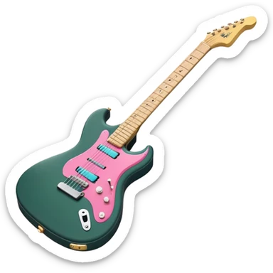 minimalist electric guitar in dark green with pink and blue stripe decal, closed inside a black rectangular hard case with gold latches, flat semi-3D style, soft matte textures, simplified details, stylized decal accent, ready-to-play symbol sticker