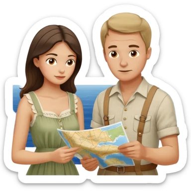 Russian man and elegant Spanish girl in costal outfits with a map planning  sticker