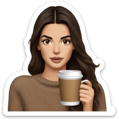 brunette Kendall Jenner with long and brown hair her eyes brown and sipping coffee Her hair is wavy and shiny With brown sweater just one  sticker