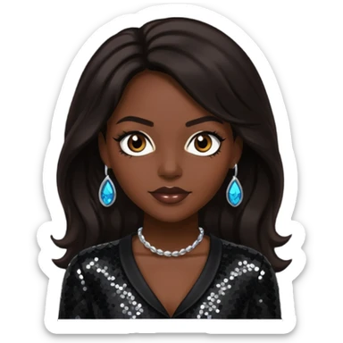 Cindy Herron from En Vogue with long dark brown hair, black sequin outfit sticker