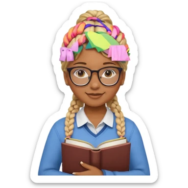 A student, girl, brown skin, braid blonde hair, wearing glasses, hold book in front of their chest sticker