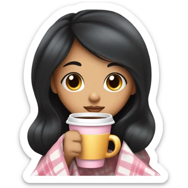 A cute black hair girl wrapped in pastel pink plaid blanket drinking coffee sticker