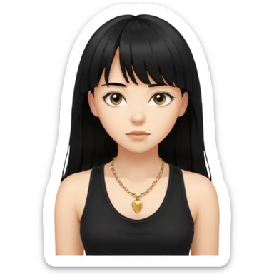 alrighht here’s just the person described for your emoji ai prompt:

> young woman, long black hair with bangs, soft expression, wearing a black tank top and gold necklace, confident pose, natural beauty, warm lighting on face, slightly tousled hair



lmk if u want it more detailed or stylized 🔥
 sticker