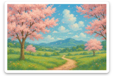 spring in ghibli style, cherry blossoms, gentle breeze, vibrant colors, detailed landscapes sticker