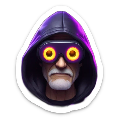 Russian old man wearing a black hoodie with "OMG" letters on it and VR headset in a cyberpunk VR environment with violet neon lighting. sticker