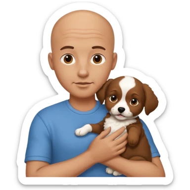 Bald guy with brunette and white puppy sticker