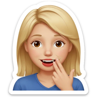 Hand over mouth with blushed cheeks more redness on cheek and smiling  more more redness  dirty blonde hair  sticker