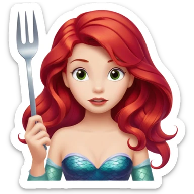 Disney Ariel mermaid with red hair holding a fork, curious expression sticker