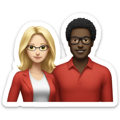 “black man with black afro and glasses and wearing a long sleeved red shirt standing next to a white woman with long blonde hair” sticker