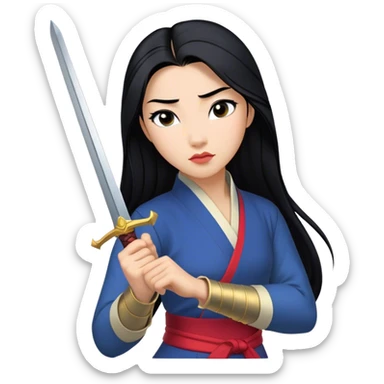 Cinematic Realistic Mulan Portrait, depicted with lifelike skin texture, soft natural lighting, and intricately detailed long black hair styled elegantly. Her deep, expressive eyes exude determination and grace, complemented by a serene yet confident expression. She stands with one hand resting on the hilt of her sword, the other by her side, exuding strength and poise. She is dressed in her classic attire, with rich fabric textures and delicate folds that catch the light beautifully. The portrait features a soft, enchanting glow with a natural, radiant finish, capturing the essence of timeless strength and beauty in a realistic and painterly style, evoking a sense of depth and authenticity. sticker