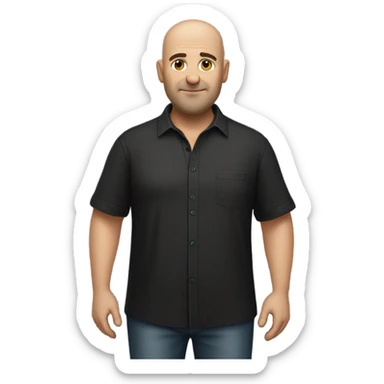 A slightly overweight middle-aged Italian man with olive-toned skin with bald hair and no facial hair. He is wearing a sleek black smart shirt, casually unbuttoned at the top. sticker