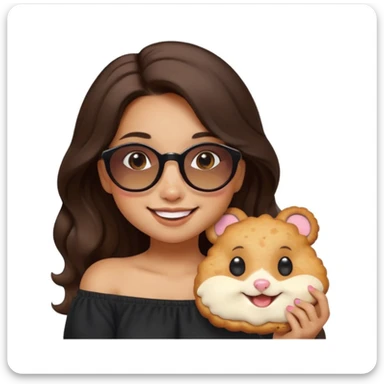 clean modern emoji of a young woman with medium skin, long wavy dark brown hair, black off-shoulder top, friendly smile, warm eyes, quirky hamster with round sunglasses munching a cookie on her shoulder, gentle pastel gradient background, cheerful contemporary fun-loving style sticker