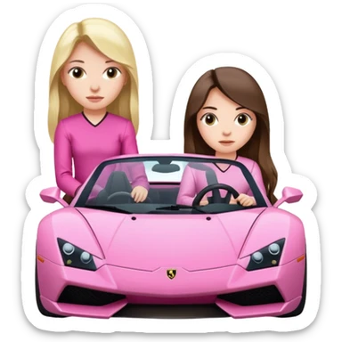 Make car far away so I can see full car Car facing forward in sports car. Make hair long  two girls in car far away Front of car sitting in the seats. Make it a pink sports car. They are two baddies make it a Lamborghini pink car  sticker