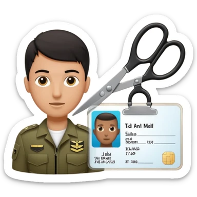 Floating black Scissors cutting in half an idf soldier ID card with a little chip in 2 parts sticker