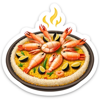 Cinematic Realistic Paella Dish Emoji, depicted as a vibrant, aromatic rice dish loaded with seafood, chicken, and saffron rendered with rich textures and dynamic, warm lighting. sticker