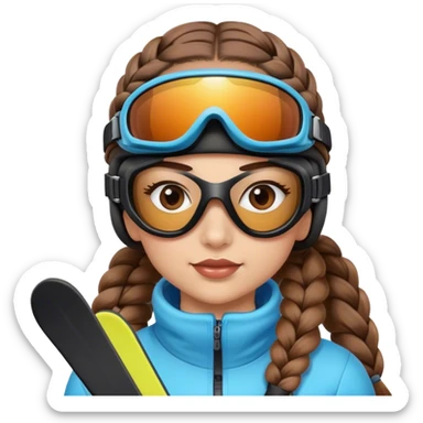 Girl with 2 braids, brown hair, skiing, wearing ski goggles, light tan skin sticker