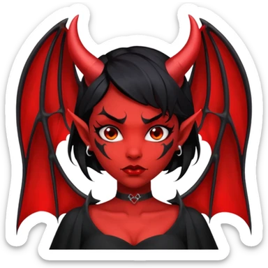 Demon girl, entire skin solid red, black hair, horns, bat wing, black dress, tattoo-flash comic. sticker