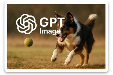 logo of chat gpt with text "GPT Image" on the background of a dog chasing ball, realistic image sticker