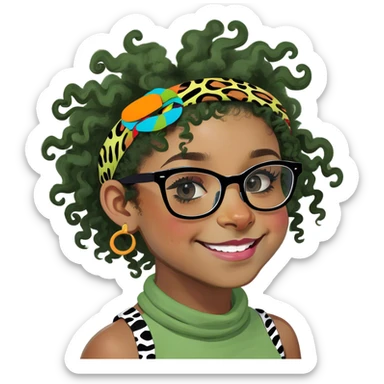 Black girl with animal print glasses and curly hair sticker